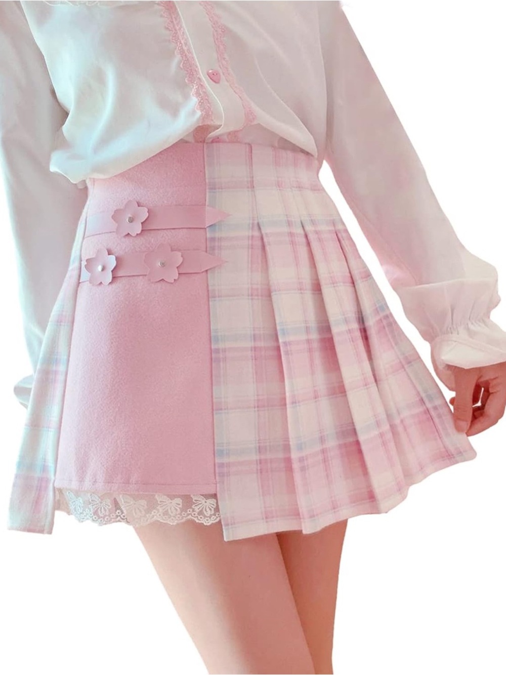 Pastel Pink Pleated Plaid Mini Skirt with Floral Strap Detail